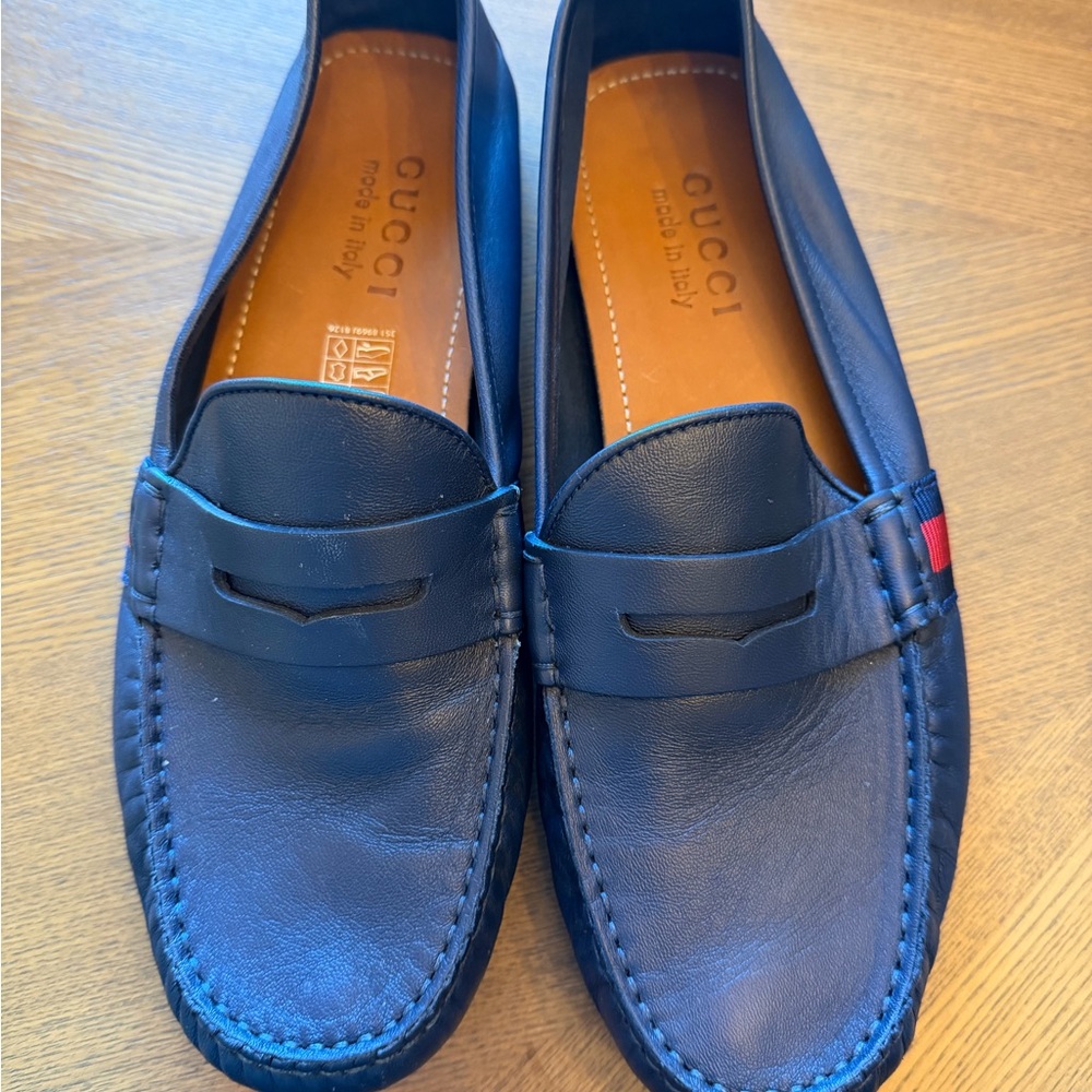 Men's Navy Gucci Web Accent Driver Loafers - Picture 2 of 10